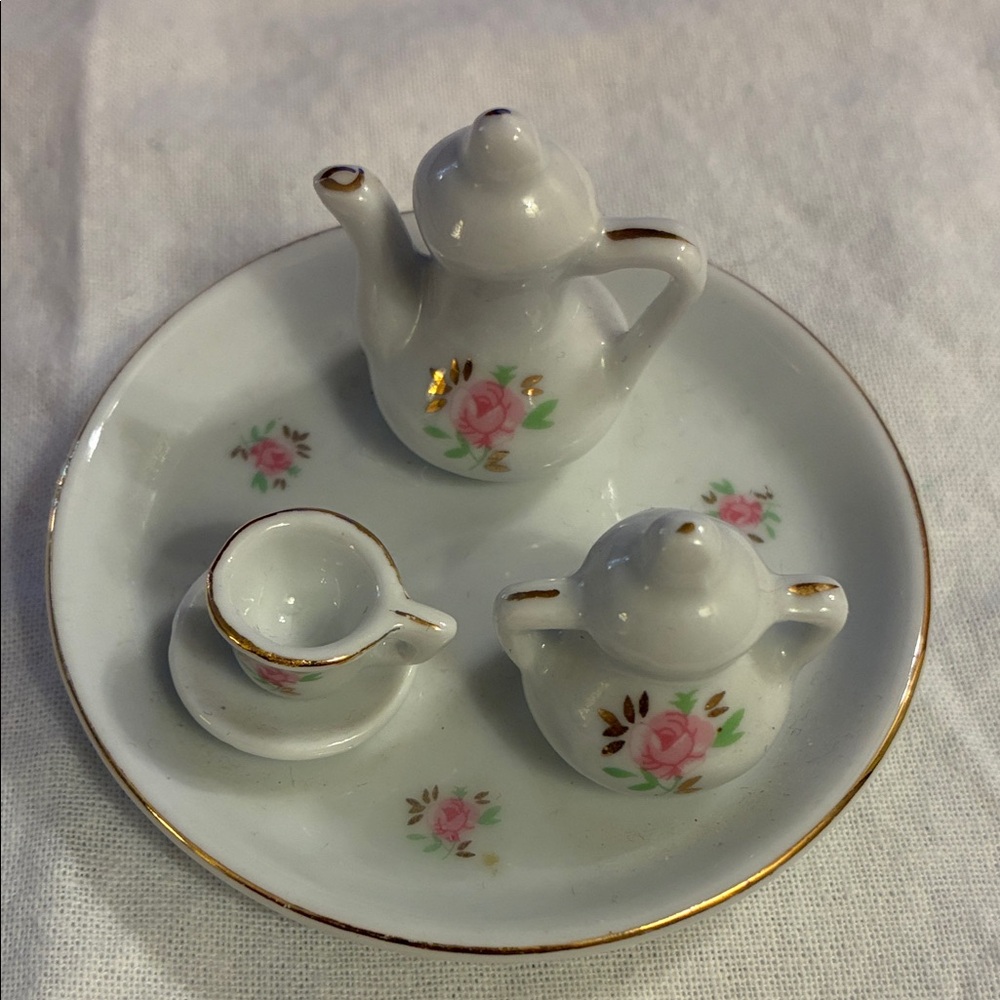 Miniature Tea Set Display white Pink Floral teapot sugar cup saucer Gold trim
